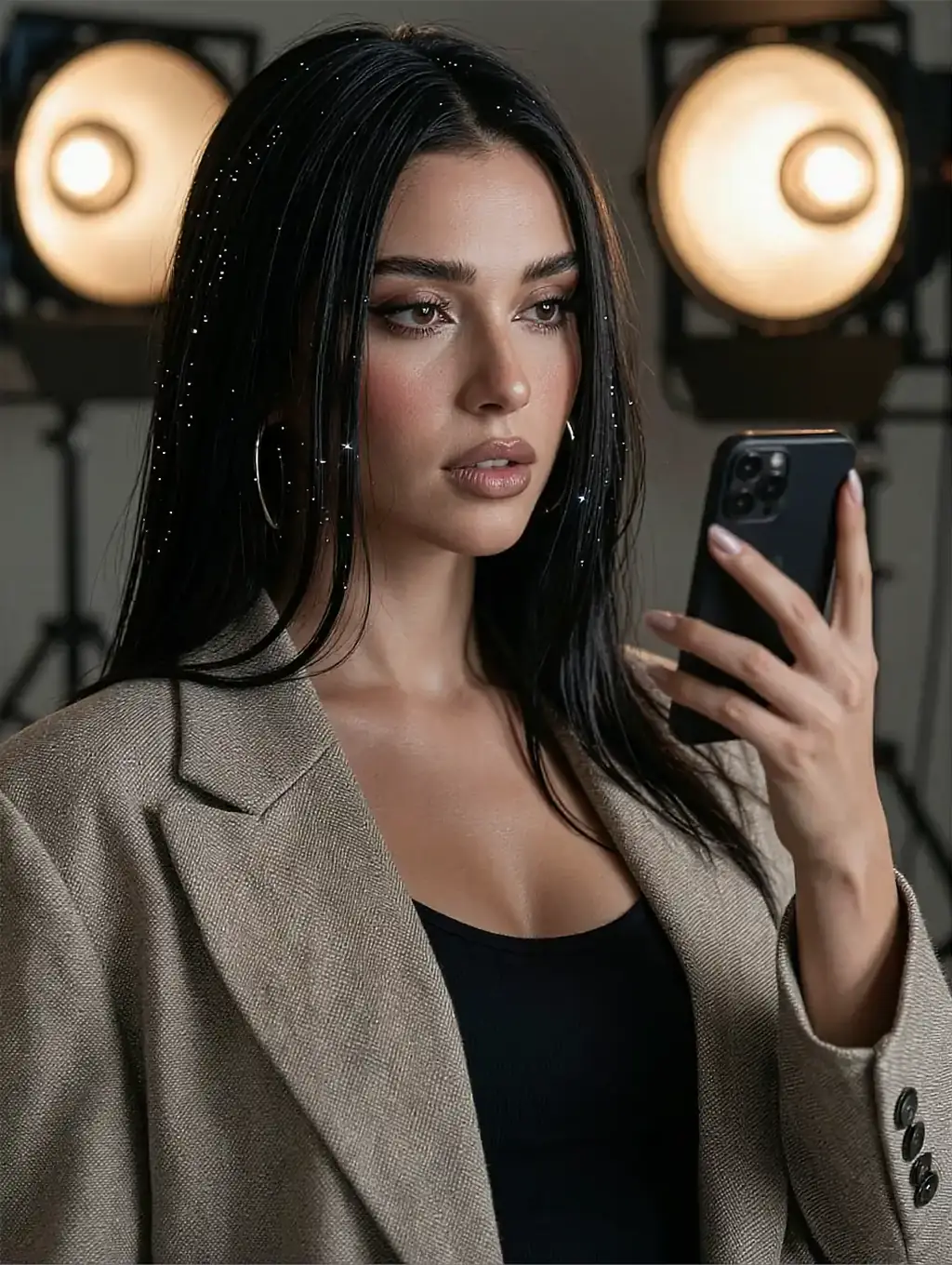Fictional AI character with straight dark hair in a linen blazer reading her phone in a studio with spotlights