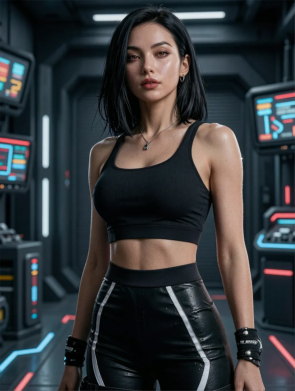 Fictional AI character in a white crop top and leather jacket beside a car at dusk