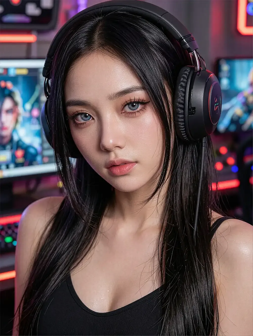 Fictional AI character in a patterned mini dress in a pink neon corridor